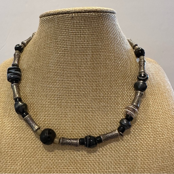 Chico’s Necklace “Bali” style w/ silver, black, tan stone & glass bead chain - Picture 2 of 10